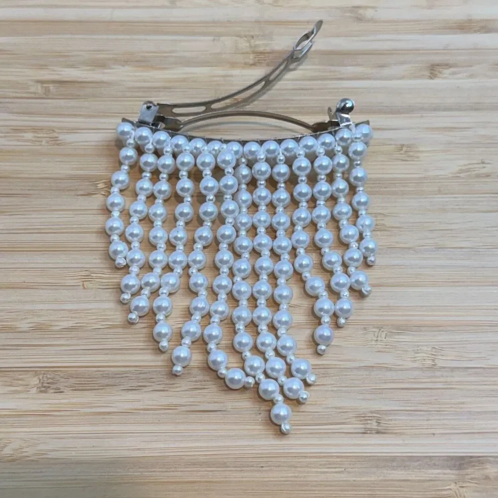 Pearl Fringe Hair Barrette White Faux Pearl Beaded Dangle French Clip Bridal